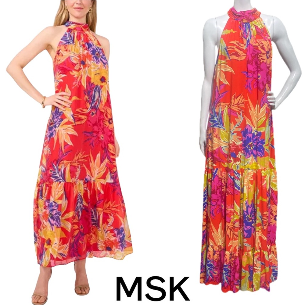 MSK Floral Printed Tiered Halter Neck Maxi Dress Orange Pink Sleeveless Sz Large